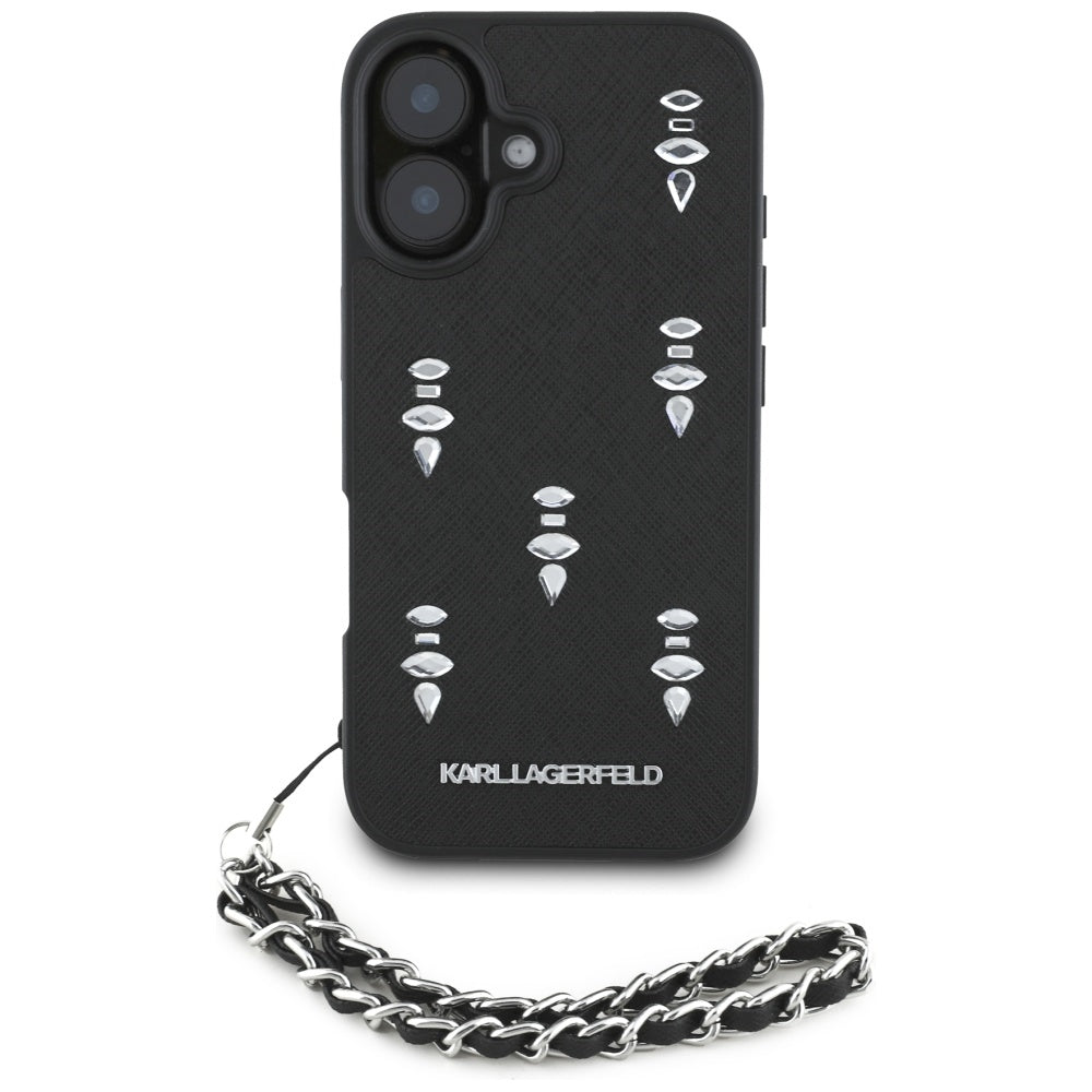 Калъф за Apple iPhone 16, Karl Lagerfeld, Saffiano Crystals & Charm, Черен