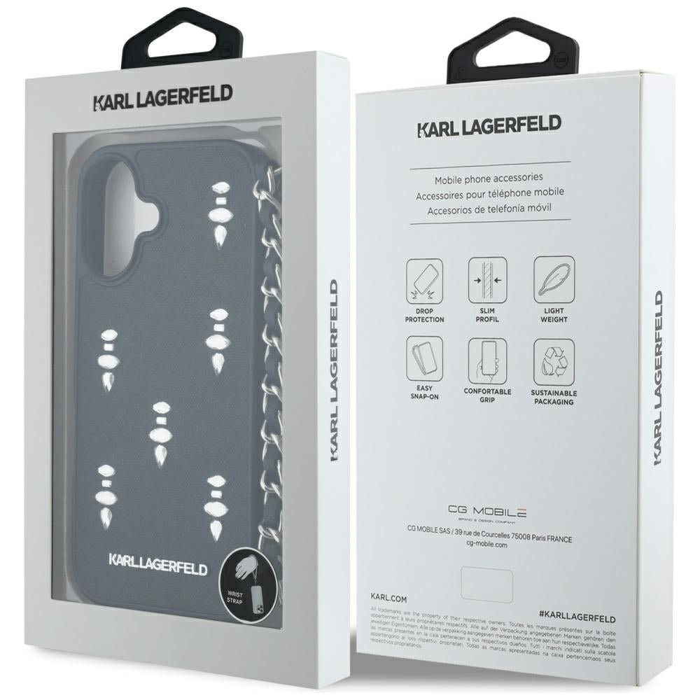 Калъф за Apple iPhone 16, Karl Lagerfeld, Saffiano Crystals & Charm, Черен