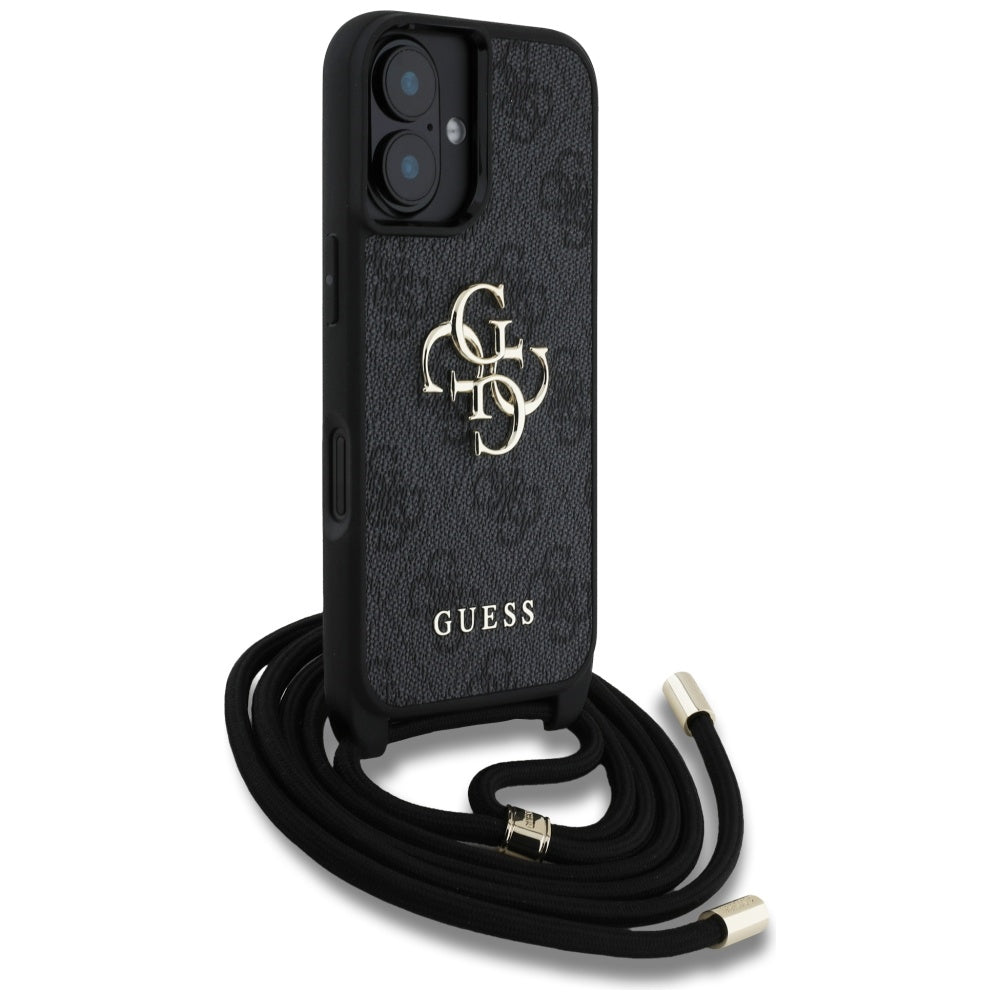 Case for Apple iPhone 16 Plus, Guess, 4G CBDY Big Logo with Cord Strap, Black