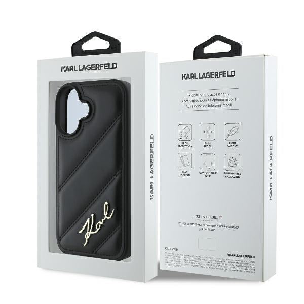 Калъф за Apple iPhone 16 Plus, Karl Lagerfeld, Diagonal Quilted Script, Черен