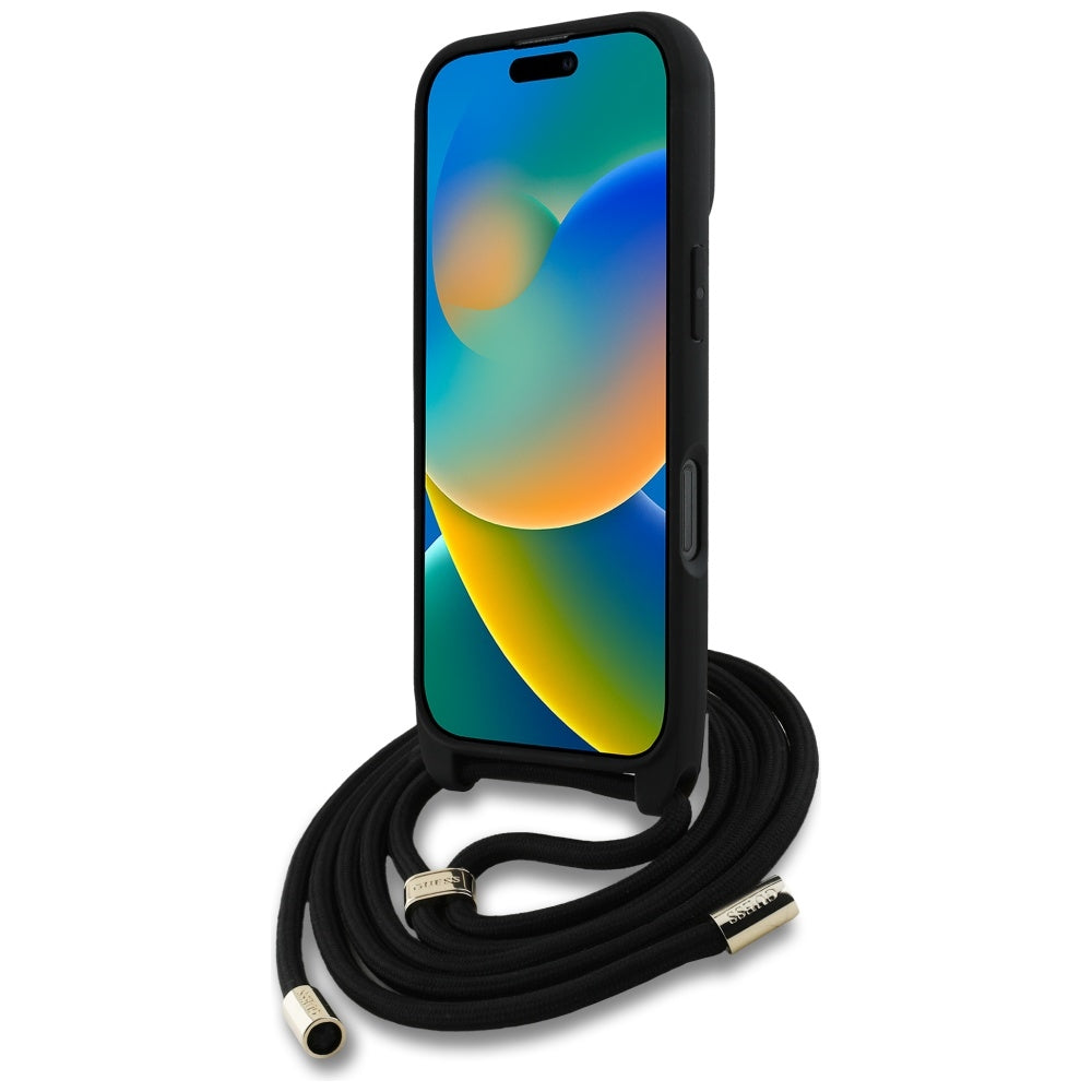 Case for Apple iPhone 16 Pro, Guess, 4G CBDY Big Logo with Cord Strap, Black