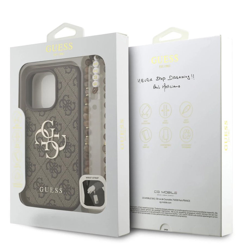 Калъф за Apple iPhone 16 Pro, Guess, 4G Classic Logo with Strap, Кафяв