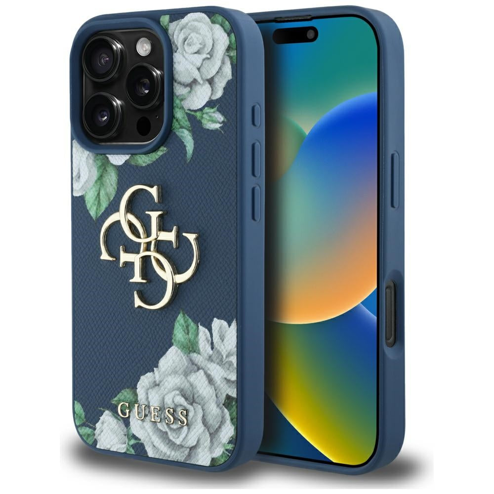 Калъф за Apple iPhone 16 Pro, Guess, 4G Grained Roses Big Logo, Син
