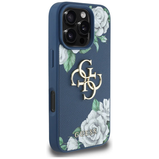 Калъф за Apple iPhone 16 Pro, Guess, 4G Grained Roses Big Logo, Син