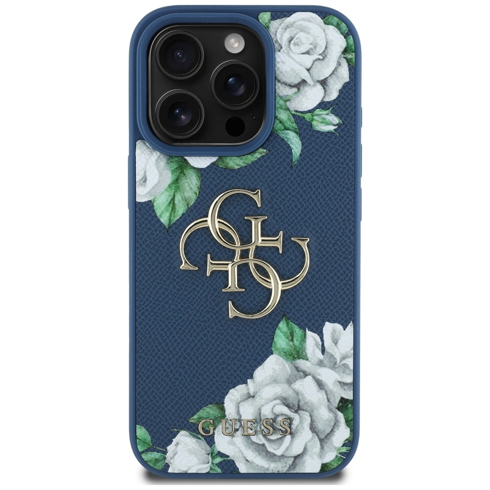Калъф за Apple iPhone 16 Pro, Guess, 4G Grained Roses Big Logo, Син