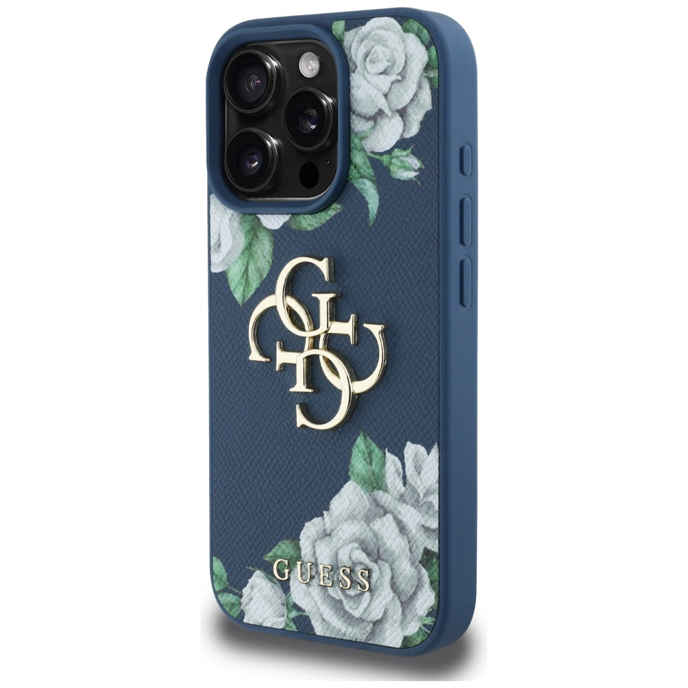 Калъф за Apple iPhone 16 Pro, Guess, 4G Grained Roses Big Logo, Син