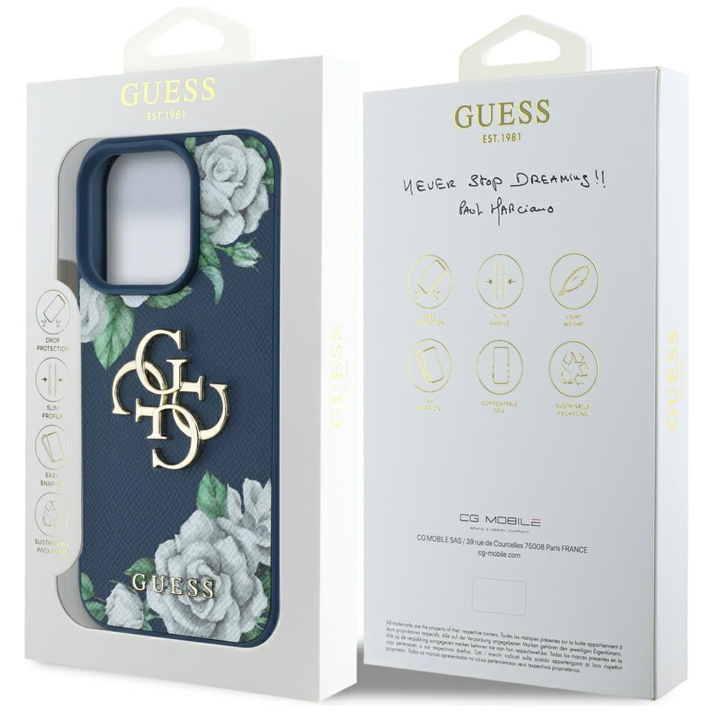 Калъф за Apple iPhone 16 Pro, Guess, 4G Grained Roses Big Logo, Син