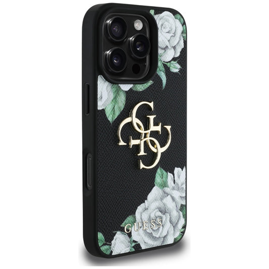 Калъф за Apple iPhone 16 Pro, Guess, 4G Grained Roses Big Logo, Черен