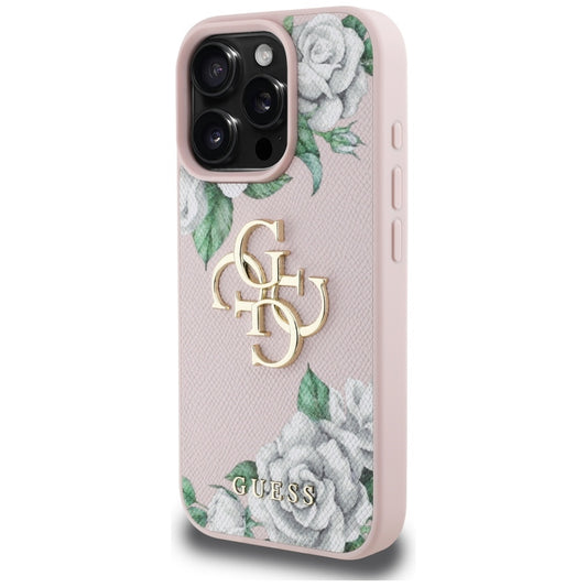 Калъф за Apple iPhone 16 Pro, Guess, 4G Grained Roses Big Logo, Розов