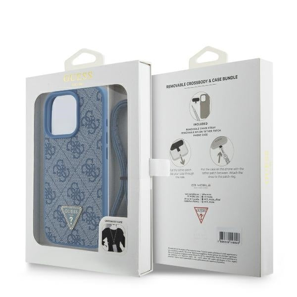 Калъф за Apple iPhone 16 Pro, Guess, Crossbody 4G Triangle Strass, Син