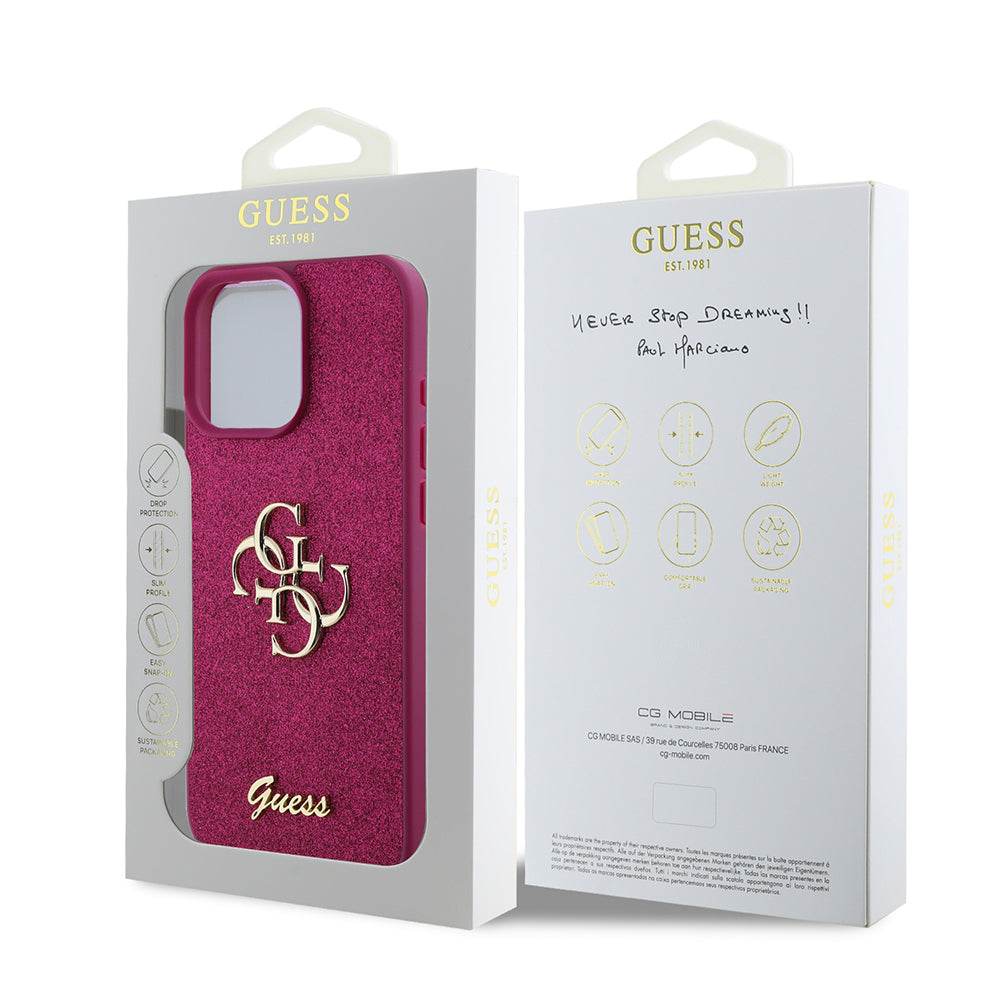 Калъф за Apple iPhone 16 Pro, Guess, Glitter Big 4G Script, Magenta