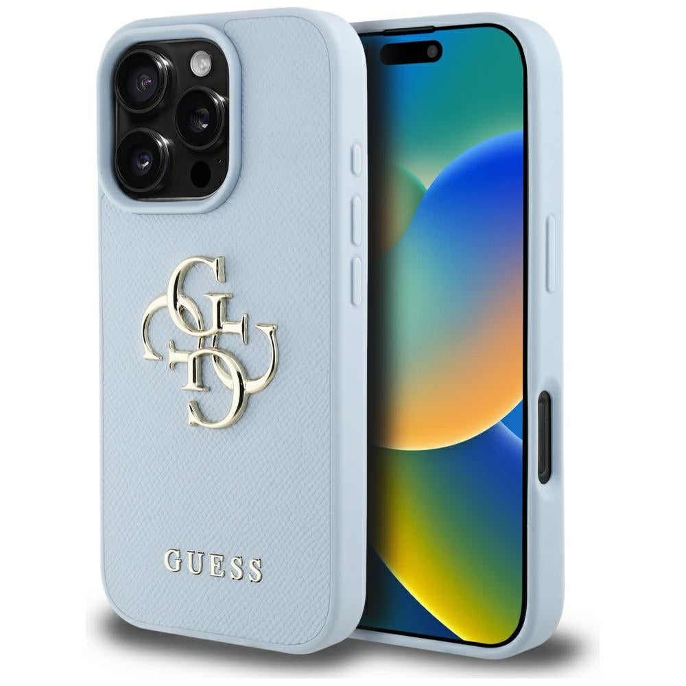 Калъф за Apple iPhone 16 Pro, Guess, Grained Big 4G Logo Small Classic Logo, Син