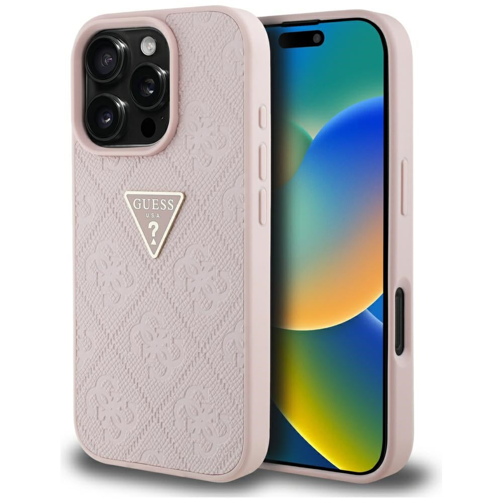Калъф за Apple iPhone 16 Pro, Guess, Hot Stamp 4G Pattern Triangle Logo, Розов