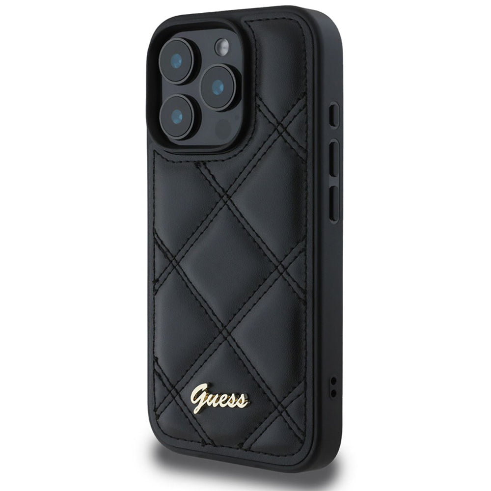 Калъф за Apple iPhone 16 Pro, Guess, Quilted Metal Logo, Черен