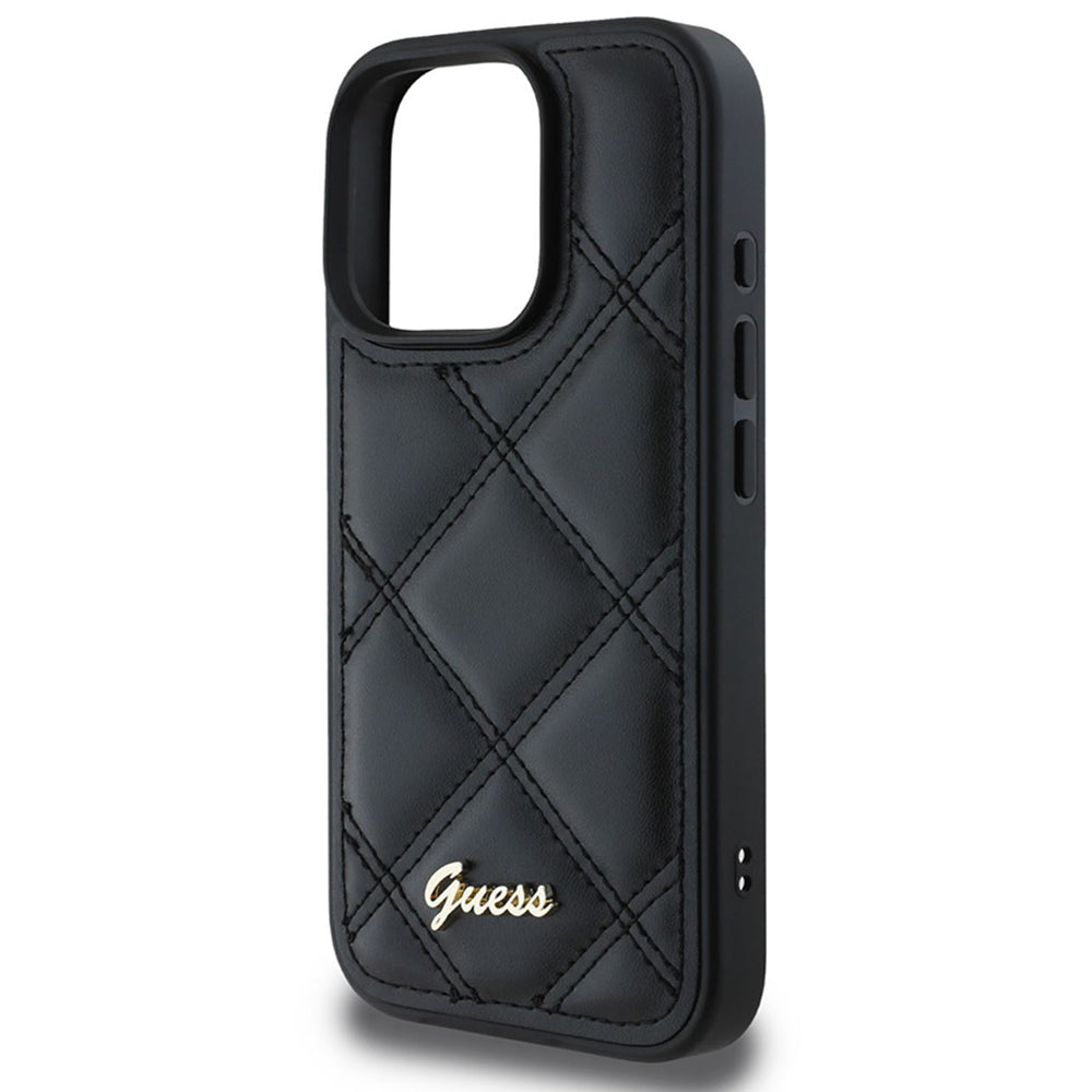 Калъф за Apple iPhone 16 Pro, Guess, Quilted Metal Logo, Черен