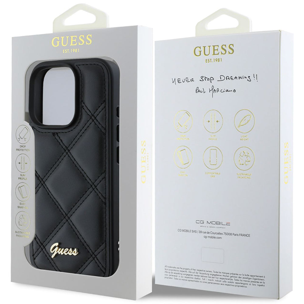 Калъф за Apple iPhone 16 Pro, Guess, Quilted Metal Logo, Черен