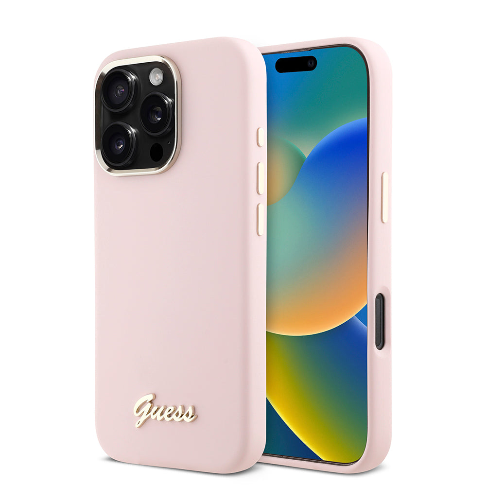 Калъф за Apple iPhone 16 Pro, Guess, Script Metal Logo & Frame, Розов