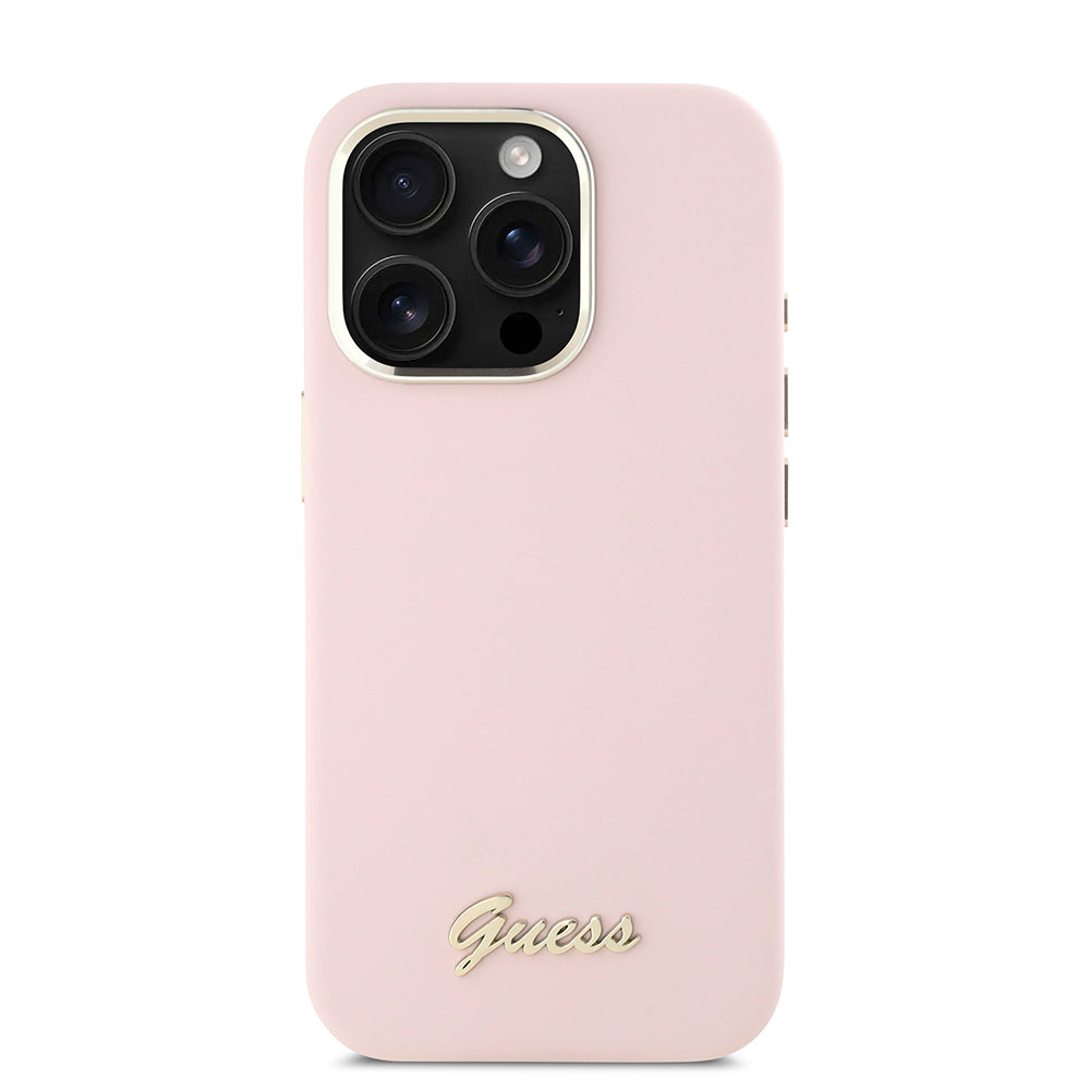 Калъф за Apple iPhone 16 Pro, Guess, Script Metal Logo & Frame, Розов