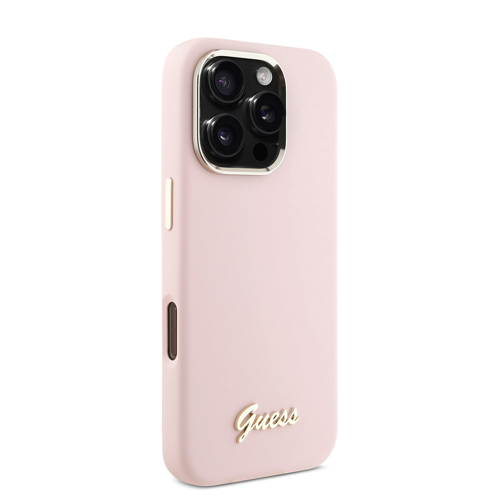 Калъф за Apple iPhone 16 Pro, Guess, Script Metal Logo & Frame, Розов