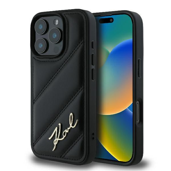 Калъф за Apple iPhone 16 Pro, Karl Lagerfeld, Diagonal Quilted Script, Черен