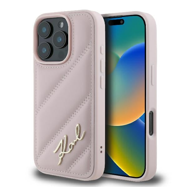 Калъф за Apple iPhone 16 Pro, Karl Lagerfeld, Diagonal Quilted Script, Розов