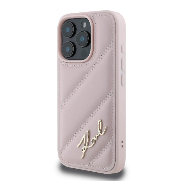 Калъф за Apple iPhone 16 Pro, Karl Lagerfeld, Diagonal Quilted Script, Розов