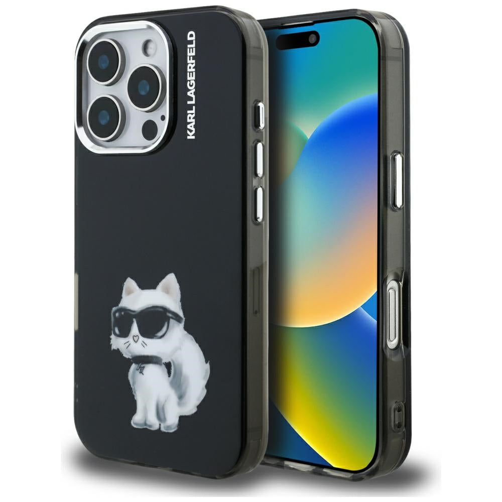 Калъф за Apple iPhone 16 Pro, Karl Lagerfeld, IML Aquarelle Logo Choupette, Черен