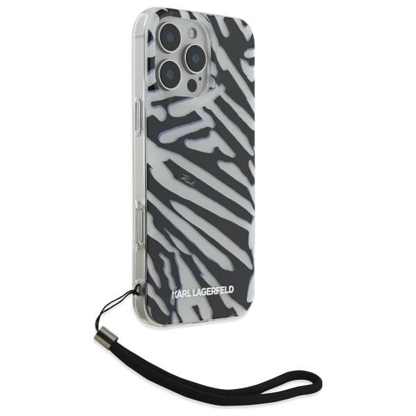 Калъф за Apple iPhone 16 Pro, Karl Lagerfeld, IML Luxury Zebra Pattern with Strap, Черен