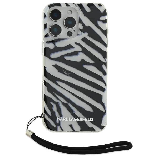 Калъф за Apple iPhone 16 Pro, Karl Lagerfeld, IML Luxury Zebra Pattern with Strap, Черен