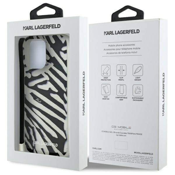 Калъф за Apple iPhone 16 Pro, Karl Lagerfeld, IML Luxury Zebra Pattern with Strap, Черен