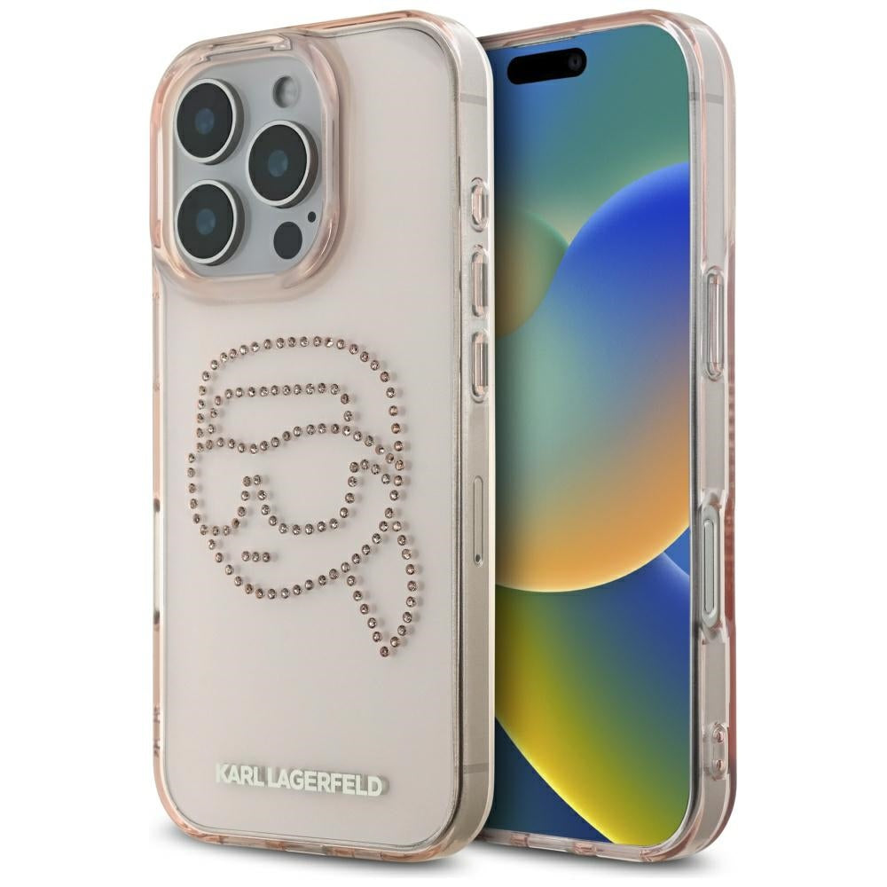 Калъф за Apple iPhone 16 Pro, Karl Lagerfeld, IML Rhinestones Karl's Head, Розов