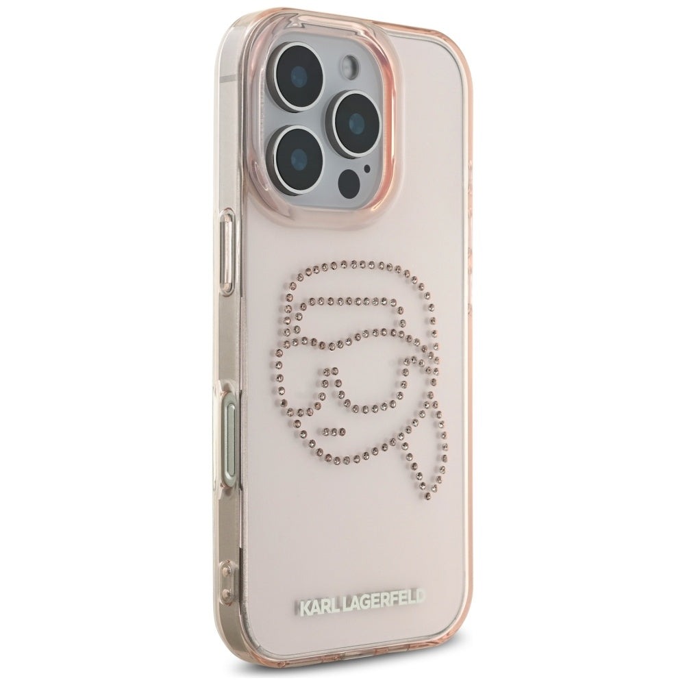 Калъф за Apple iPhone 16 Pro, Karl Lagerfeld, IML Rhinestones Karl's Head, Розов
