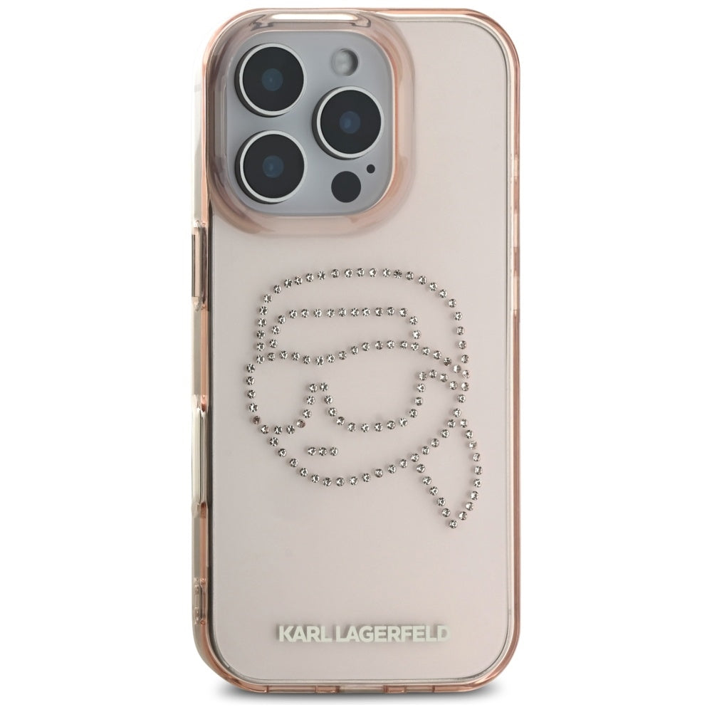 Калъф за Apple iPhone 16 Pro, Karl Lagerfeld, IML Rhinestones Karl's Head, Розов