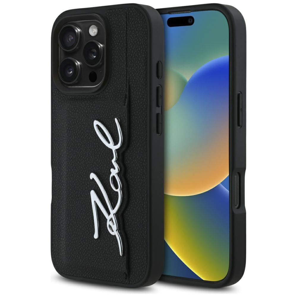 Калъф за Apple iPhone 16 Pro, Karl Lagerfeld, Metal Signature, Черен