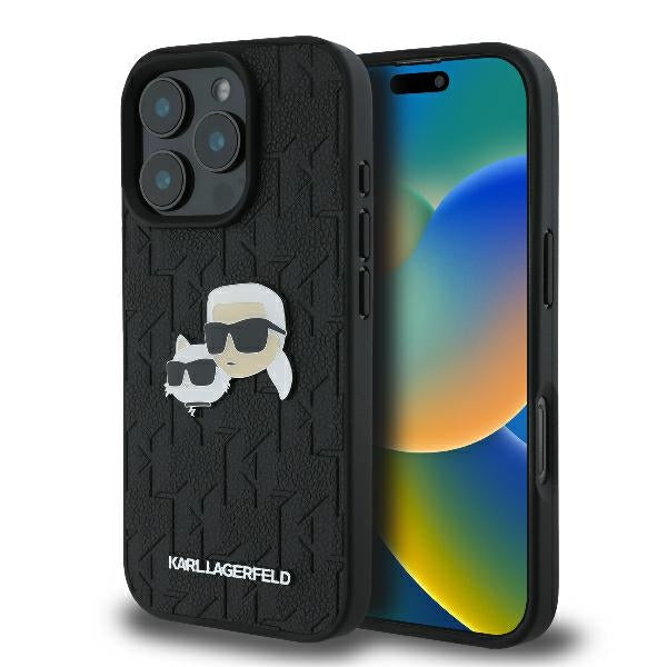 Калъф за Apple iPhone 16 Pro, Karl Lagerfeld, Monogram Karl & Choupette's Heads, Черен