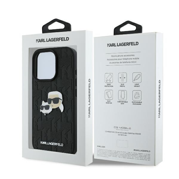 Калъф за Apple iPhone 16 Pro, Karl Lagerfeld, Monogram Karl & Choupette's Heads, Черен