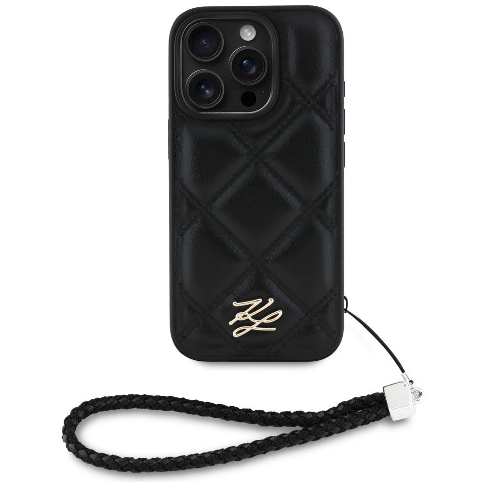 Калъф за Apple iPhone 16 Pro, Karl Lagerfeld, Quilted Initial Logo & Chain Strap, Черен