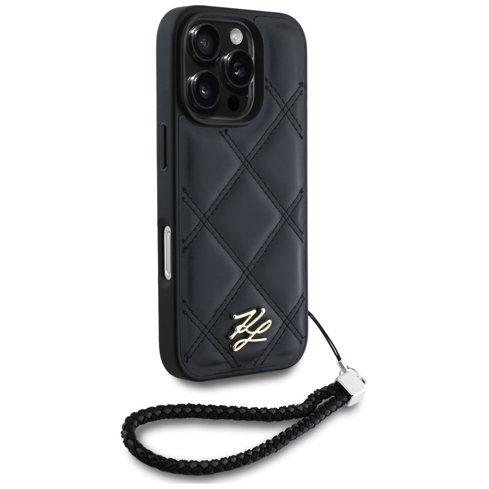 Калъф за Apple iPhone 16 Pro, Karl Lagerfeld, Quilted Initial Logo & Chain Strap, Черен
