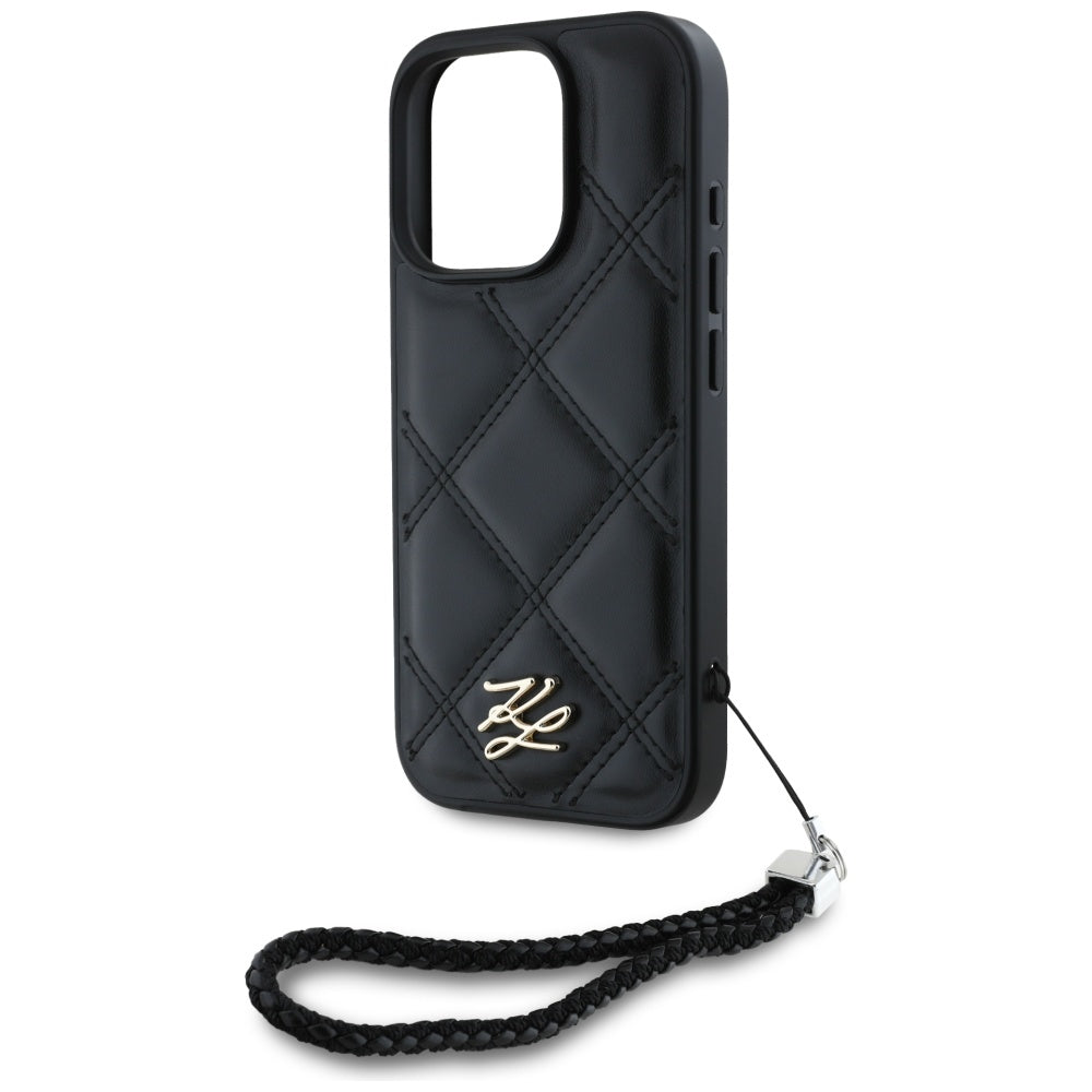 Калъф за Apple iPhone 16 Pro, Karl Lagerfeld, Quilted Initial Logo & Chain Strap, Черен