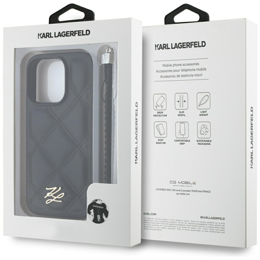 Калъф за Apple iPhone 16 Pro, Karl Lagerfeld, Quilted Initial Logo & Chain Strap, Черен