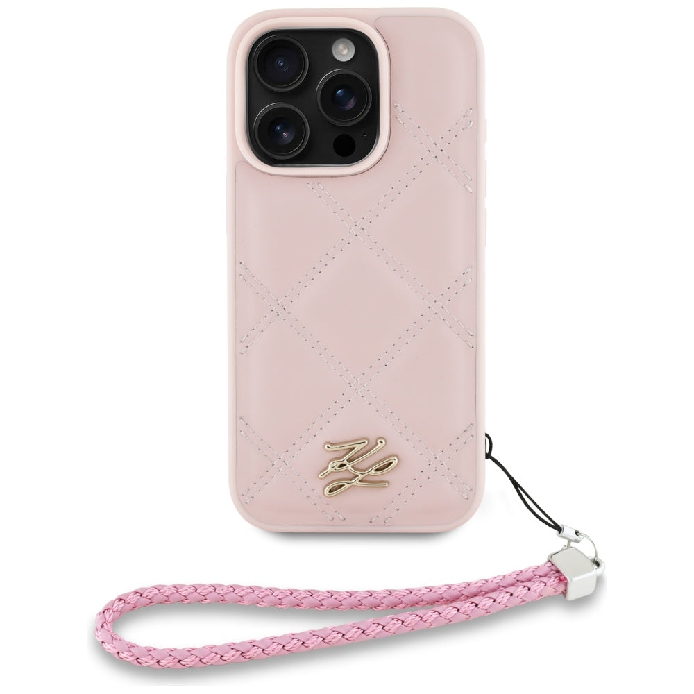 Калъф за Apple iPhone 16 Pro, Karl Lagerfeld, Quilted Initial Logo & Chain Strap, Розов
