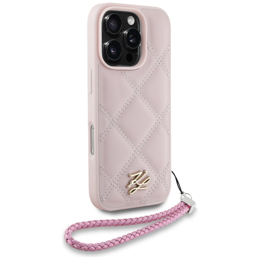 Калъф за Apple iPhone 16 Pro, Karl Lagerfeld, Quilted Initial Logo & Chain Strap, Розов