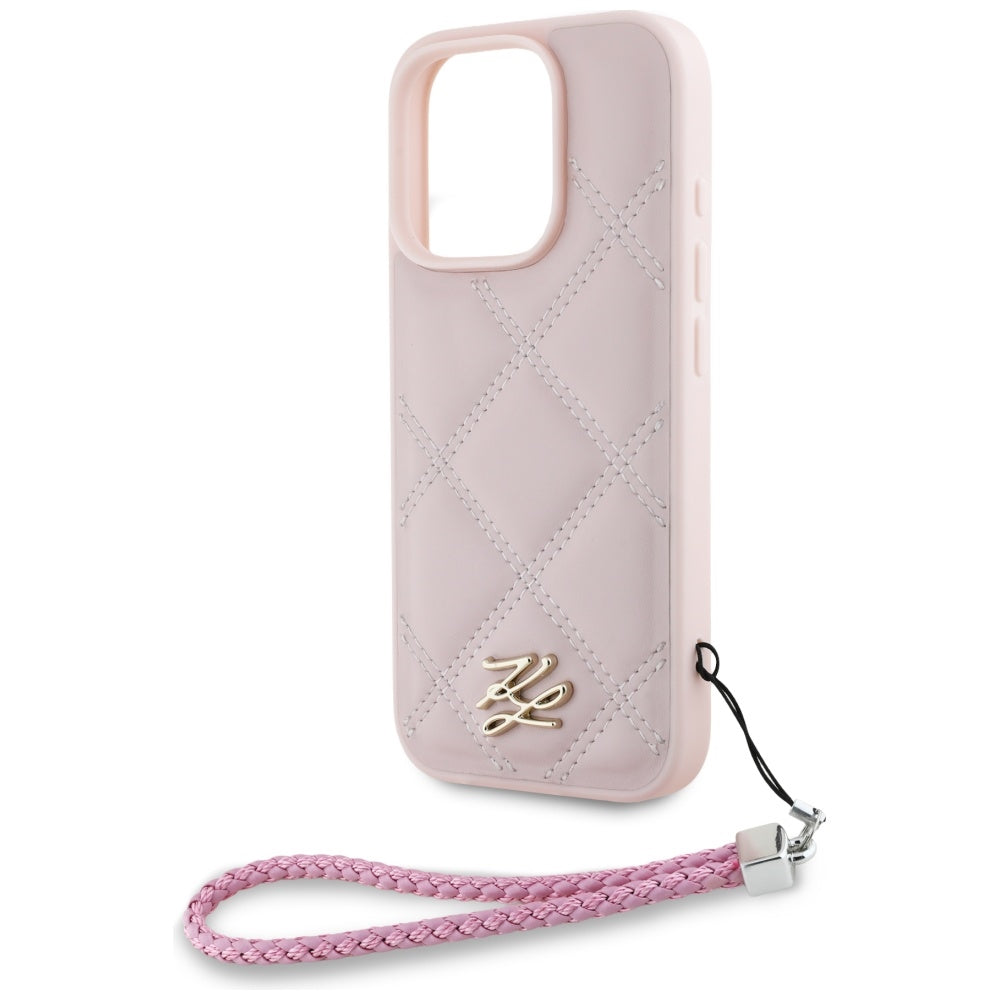 Калъф за Apple iPhone 16 Pro, Karl Lagerfeld, Quilted Initial Logo & Chain Strap, Розов