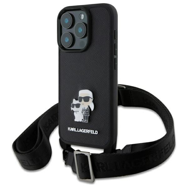 Калъф за Apple iPhone 16 Pro, Karl Lagerfeld, Saffiano Crossbody Metal Pin Karl & Choupette, Черен