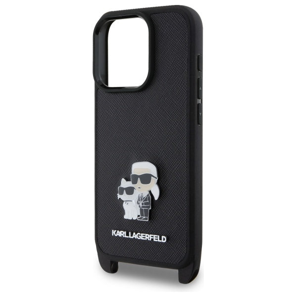Калъф за Apple iPhone 16 Pro, Karl Lagerfeld, Saffiano Crossbody Metal Pin Karl & Choupette, Черен