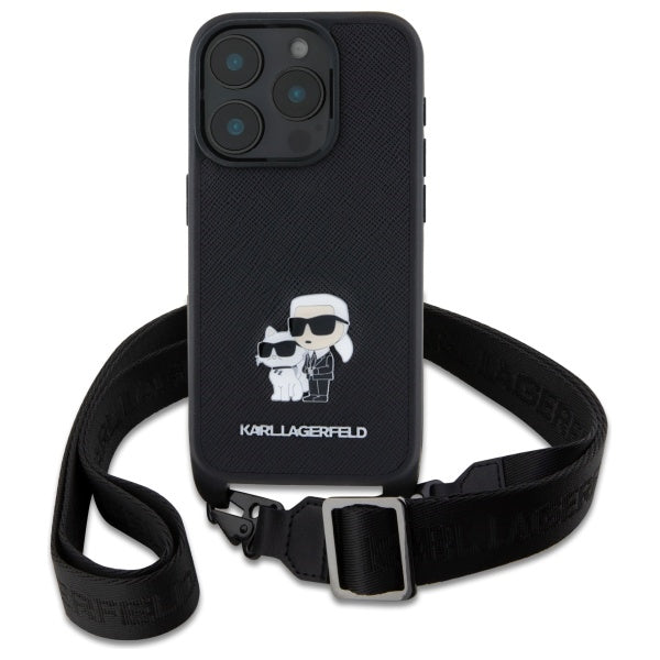 Калъф за Apple iPhone 16 Pro, Karl Lagerfeld, Saffiano Crossbody Metal Pin Karl & Choupette, Черен