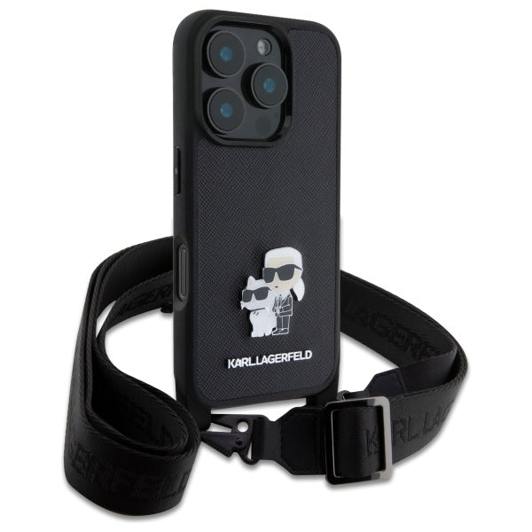 Калъф за Apple iPhone 16 Pro, Karl Lagerfeld, Saffiano Crossbody Metal Pin Karl & Choupette, Черен
