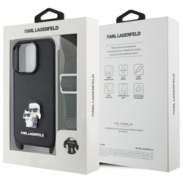 Калъф за Apple iPhone 16 Pro, Karl Lagerfeld, Saffiano Crossbody Metal Pin Karl & Choupette, Черен