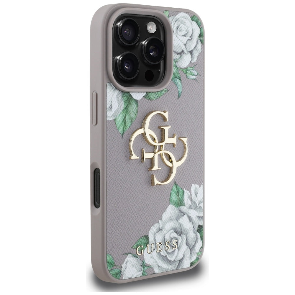 Калъф за Apple iPhone 16 Pro Max, Guess, 4G Grained Roses Big Logo, Лилав