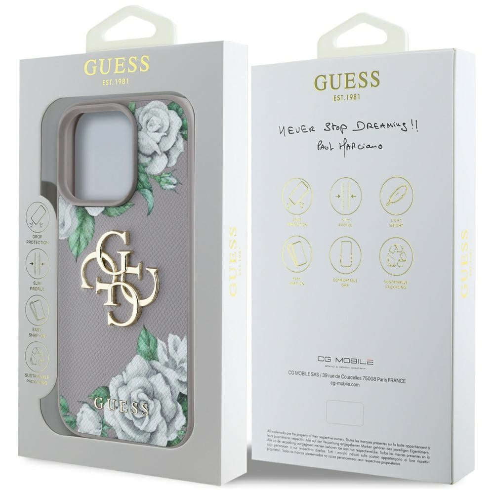 Калъф за Apple iPhone 16 Pro Max, Guess, 4G Grained Roses Big Logo, Лилав